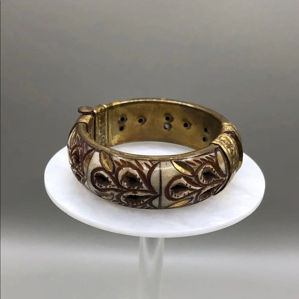 Carved bone hinge bangle bracelet vintage handmade India boho rustic statement.